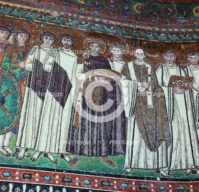 Mosaic of the Emperor Justinian and his court, 6th century. Artist: Unknown