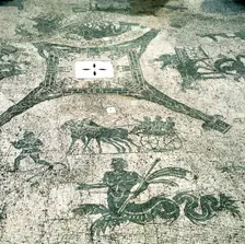 Mosaic, Carts pulled by mules with travellers, Cisarii. c1st Century