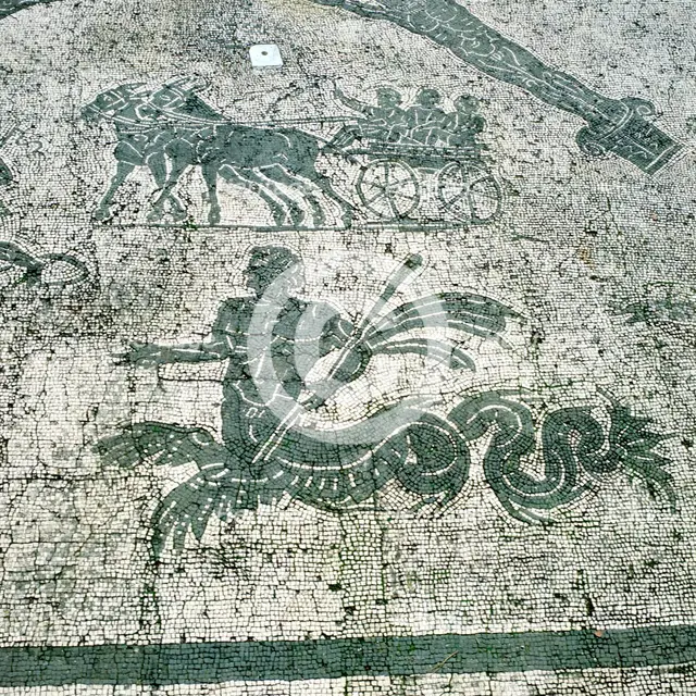 Mosaic, Carts pulled by mules with travellers, Cisarii. c1st Century AD Artist: Unknown