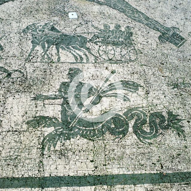 Mosaic, Carts pulled by mules with travellers, Cisarii. c1st Century AD Artist: Unknown