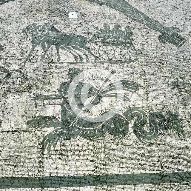 Mosaic, Carts pulled by mules with travellers, Cisarii. c1st Century AD Artist: Unknown