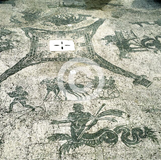 Mosaic, Carts pulled by mules with travellers, Cisarii. c1st Century Artist: Unknown