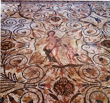 Mosaic, detail of the mosaic in a room of the Roman house in Merida Amphitheater