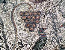 Mosaic in the Amphitheatre house representing a cluster of grapes and a bird, preserved in the ar…