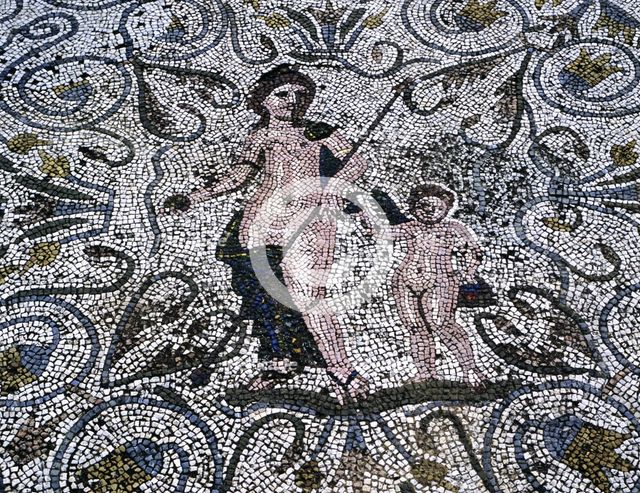 Mosaic in the Amphitheatre house representing spring, preserved in the archaeological site of Mer…