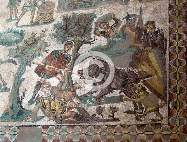 Mosaic in the Roman Villa of Casale, near Piazza Armerina, Sicily, Italy.