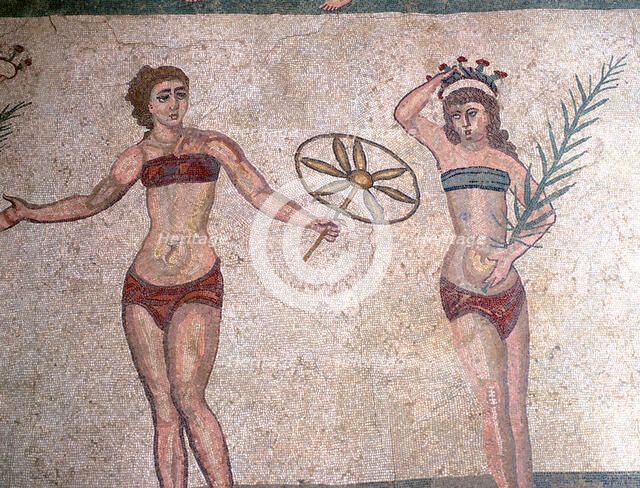 Mosaic in the Roman Villa of Casale, near Piazza Armerina, Sicily, Italy.