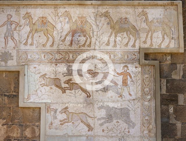 Mosaic with camel caravan and hunting (dogs chasing hare), Roman Theatre, Bosra, Syria, (2001).  Creator: LTL.