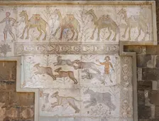 Mosaic with camel caravan and hunting (dogs chasing hare), Roman Theatre, Bosra, Syria, (2001). Creator: LTL