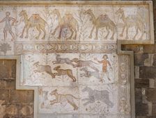 Mosaic with camel caravan and hunting (dogs chasing hare), Roman Theatre, Bosra, Syria, (2001). Creator: LTL