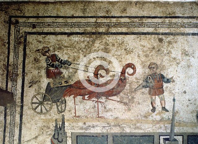Mosaic with the representation of a chariot drawn by birds.