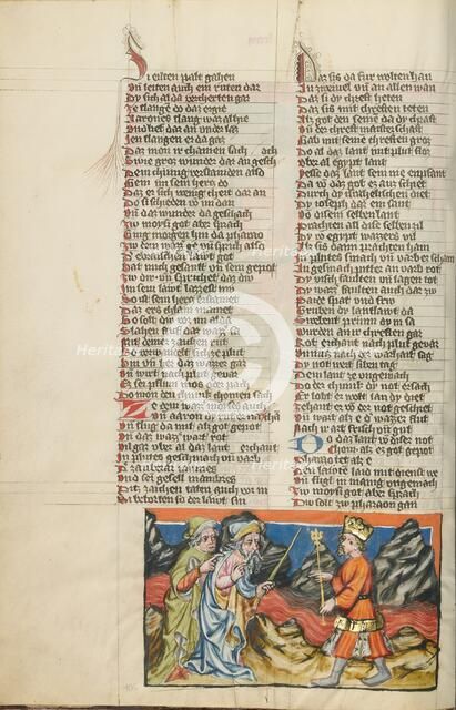 Moses Changing the Water of the Nile into Blood; Weltchronik, about 1400-1410. Creator: Unknown.