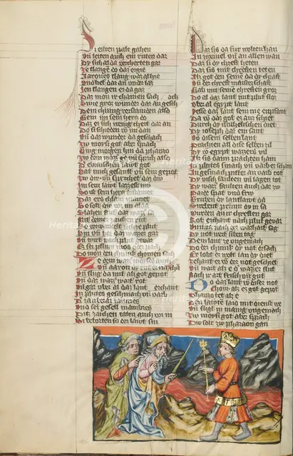 Moses Changing the Water of the Nile into Blood; Weltchronik, about 1400-1410. Creator: Unknown.