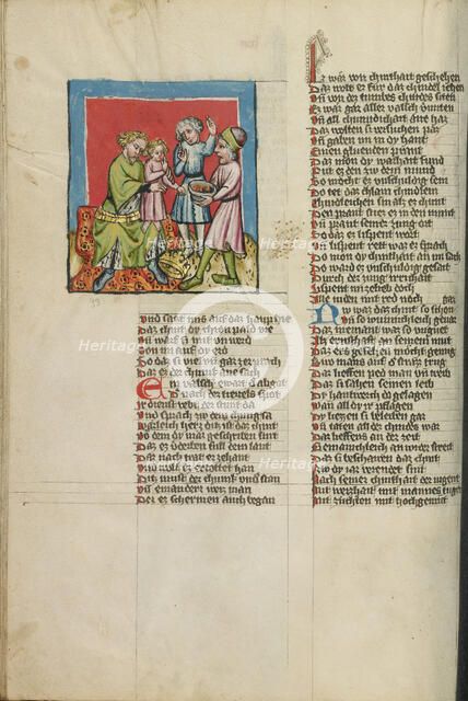 Moses and Pharaoh's Crown; Moses Eating the Burning Coals; Weltchronik, about 1400-1410. Creator: Unknown.