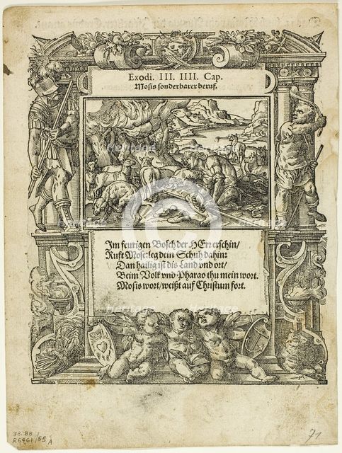 Moses and the Burning Bush (recto) and The Infant Moses Put into the River (verso)...1937. Creators: Tobias Stimmer, Max Geisberg.