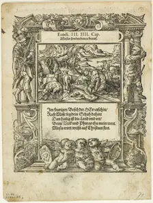 Moses and the Burning Bush (recto) and The Infant Moses Put into the River (verso)...1937. Creators: Tobias Stimmer, Max Geisberg
