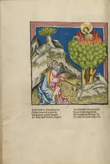 Moses and the Burning Bush; Weltchronik, about 1400-1410. Creator: Unknown