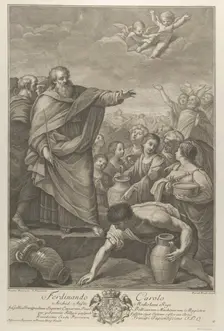 Moses at left with the Israelites who gather manna as it falls from the sky, two angels ab..., 1776. Creators: Benedetto Eredi, Ranieri Allegranti