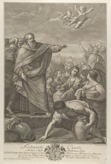 Moses at left with the Israelites who gather manna as it falls from the sky, two angels ab..., 1776. Creators: Benedetto Eredi, Ranieri Allegranti