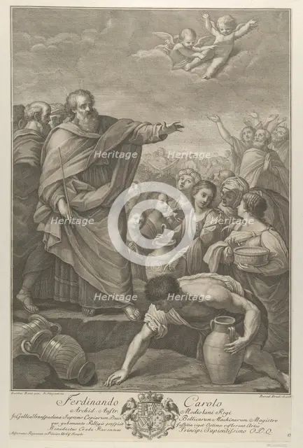 Moses at left with the Israelites who gather manna as it falls from the sky, two angels ab..., 1776. Creators: Benedetto Eredi, Ranieri Allegranti.