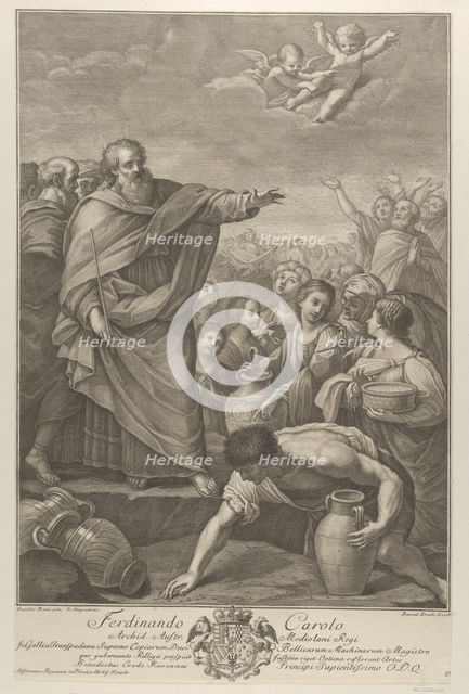 Moses at left with the Israelites who gather manna as it falls from the sky, two angels ab..., 1776. Creators: Benedetto Eredi, Ranieri Allegranti.
