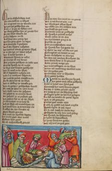 Moses Breaking the Tablets of the Law and Burning the Golden Calf; Weltchronik, about 1400-1410. Creator: Unknown