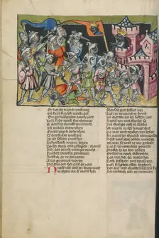 Moses Defeating the Muslim Army; Weltchronik, about 1400-1410. Creator: Unknown