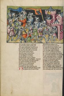 Moses Defeating the Muslim Army; Weltchronik, about 1400-1410. Creator: Unknown