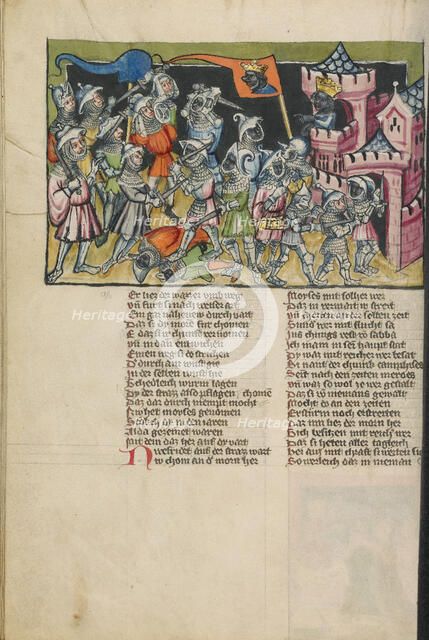 Moses Defeating the Muslim Army; Weltchronik, about 1400-1410. Creator: Unknown.