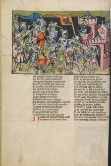 Moses Defeating the Muslim Army; Weltchronik, about 1400-1410. Creator: Unknown