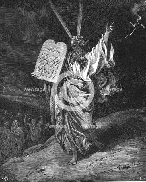 Moses descending from Mount Sinai with the tablets of the law (Ten Commandments), 1866. Artist: Gustave Doré