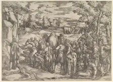 Moses Drawing Water from the Rock, at left with water flowing, various figures and ..., ca. 1552-61. Creator: Battista Franco Veneziano