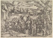 Moses Drawing Water from the Rock, at left with water flowing, various figures and ..., ca. 1552-61. Creator: Battista Franco Veneziano