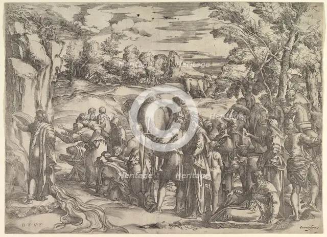 Moses Drawing Water from the Rock, at left with water flowing, various figures and ..., ca. 1552-61. Creator: Battista Franco Veneziano.