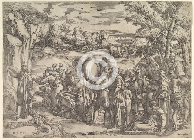 Moses Drawing Water from the Rock, at left with water flowing, various figures and ..., ca. 1552-61. Creator: Battista Franco Veneziano.