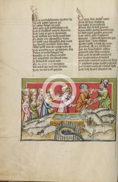 Moses Driving Away the Shepherds at the Well in Midian; Weltchronik, about 1400-1410. Creator: Unknown.