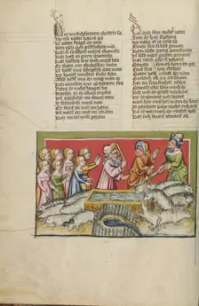 Moses Driving Away the Shepherds at the Well in Midian; Weltchronik, about 1400-1410. Creator: Unknown