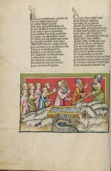 Moses Driving Away the Shepherds at the Well in Midian; Weltchronik, about 1400-1410. Creator: Unknown