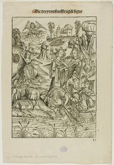 Moses Found by Pharaoh's Daughter (recto) and Judas's Betrayal (verso), pages 53..., 1491. Creator: Michael Wolgemut