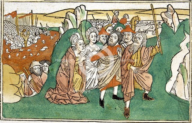 Moses in the Red Sea, scene in the Bible of Nuremberg, written in German, 1483.