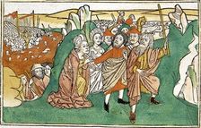 Moses in the Red Sea, scene in the Bible of Nuremberg, written in German, 1483