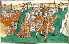 Moses in the Red Sea, scene in the Bible of Nuremberg, written in German, 1483