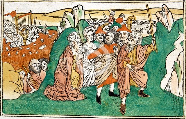 Moses in the Red Sea, scene in the Bible of Nuremberg, written in German, 1483.