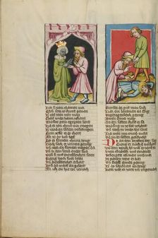 Moses Leaves Tabris, the King's Daughter, with a Magic Ring: Moses Killing an..., about 1400-10. Creator: Unknown
