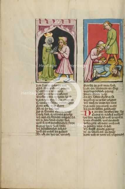 Moses Leaves Tabris, the King's Daughter, with a Magic Ring: Moses Killing an..., about 1400-10. Creator: Unknown.