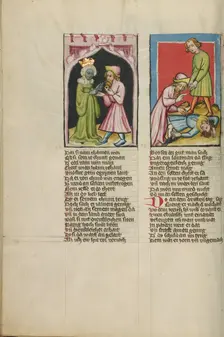 Moses Leaves Tabris, the King's Daughter, with a Magic Ring: Moses Killing an..., about 1400-10. Creator: Unknown