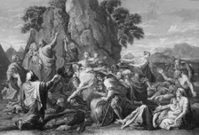 Moses "smote the rock twice, and the water came out abundantly" 1840. Creator: George Presbury
