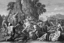 Moses "smote the rock twice, and the water came out abundantly" 1840. Creator: George Presbury