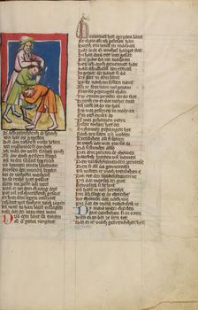 Moses Separating Two Fighting Israelites; Weltchronik, about 1400-1410. Creator: Unknown