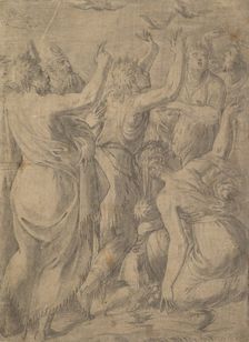 Moses showing the quails to the Israelites (the miracle of the quails and manna), ca. 1545. Creator: Andrea Schiavone